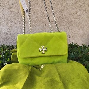 Tory Burch Kira Diamond Quilt Suede Small Shoulder Bag Green NWT